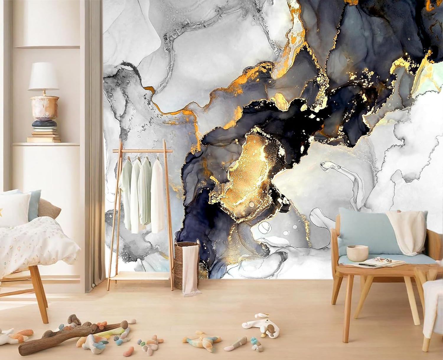 YIHWM-Peel and Stick Marble Wallpaper Grey White Marbled Wallpaper Geometric Abstraction Art Textured Lines Living Room Bedroom Bathroom Large Self-Adhesive wall mural-137 x96（91 Square Foot）