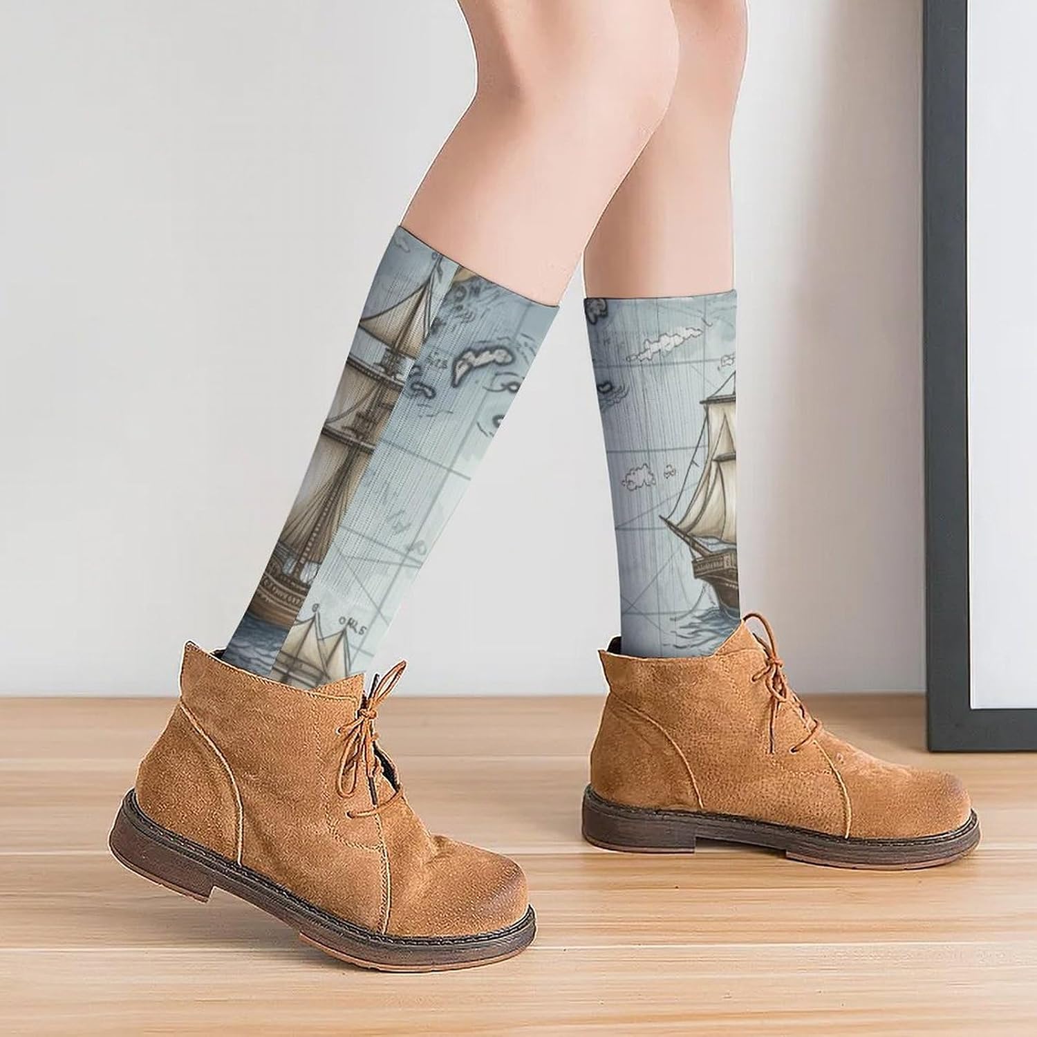Breathable Crew Sock, Moisture Wicking, Athletic Calf Socks, Cozy | Boat Map Compression Socks for Women Men, Lightweight High Work Socks for Business, Casual