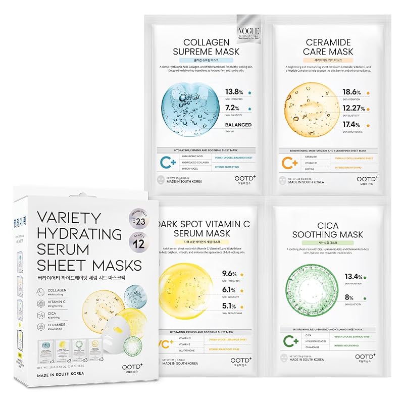 #OOTD Kit de Máscaras Faciais de Tecido Coreanas com Colágeno, Ceramida, Cica e Vitamina C, 12 unidades