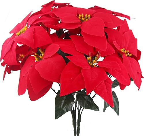 Miniatura 7 de 2 piezas de flores de Pascua artificiales de Navidad, arbustos de nochebuena rojos con adornos dorados con purpurina, flores de Pascua de seda