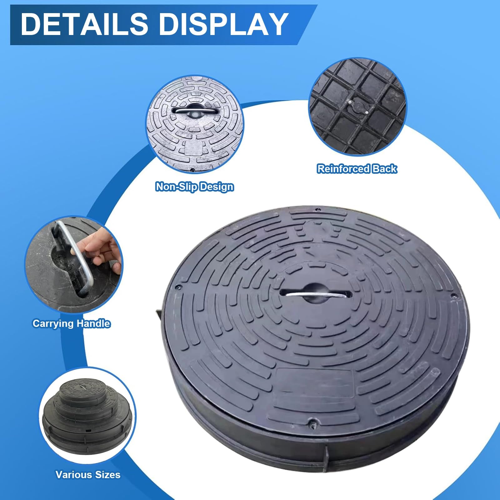 Copertura per scarico rotonda nera, 34 cm / 13in, in plastica resistente, con manico, per giardino, vialetto e marciapiede, accessorio essenziale per soluzioni di drenaggio all'aperto