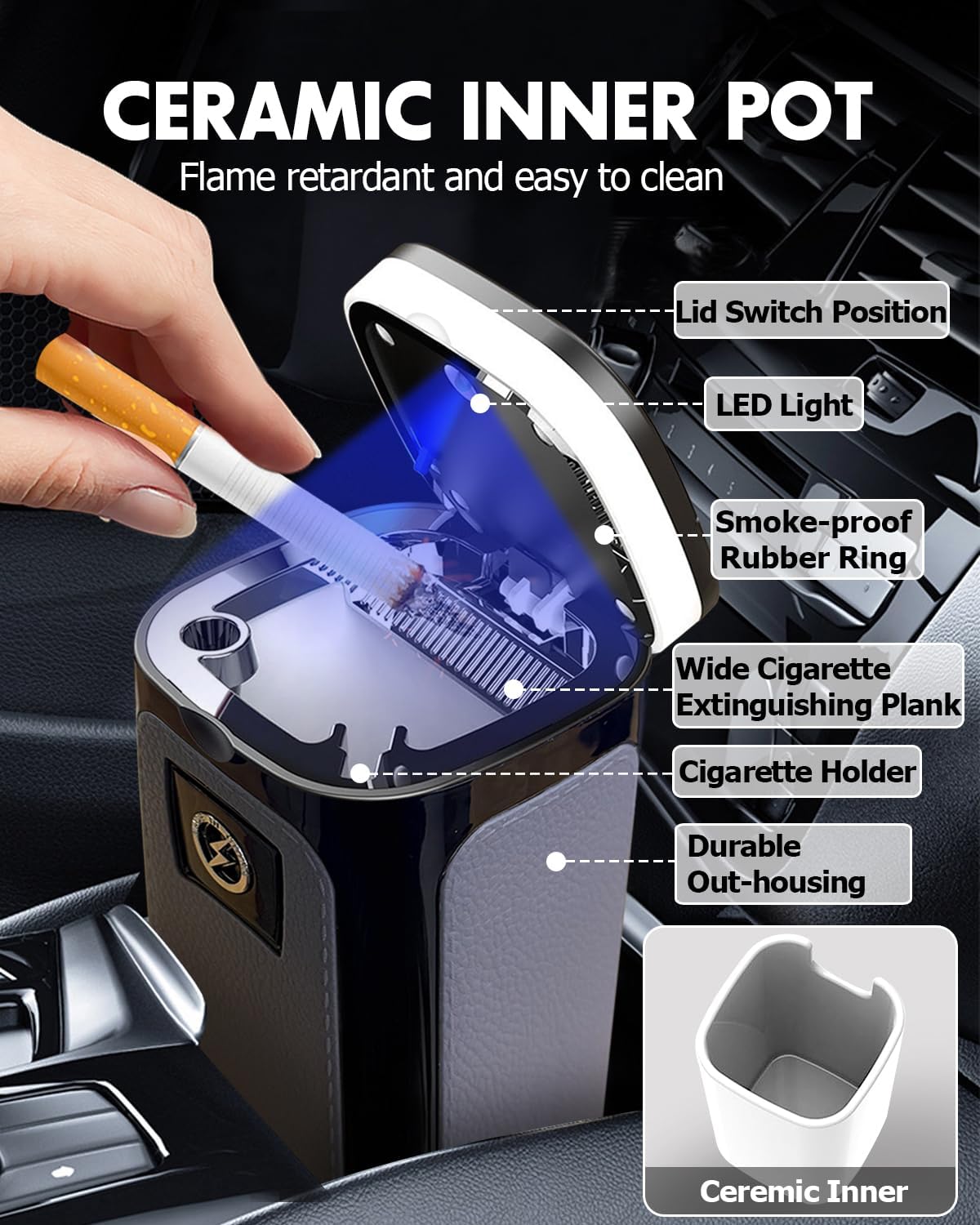 Car Ashtray with Solar Powered & USB Charged Electronic Cigarette Lighter | Smellproof & Smokeproof Cup Holder Ashtray with Automatic LED Light
