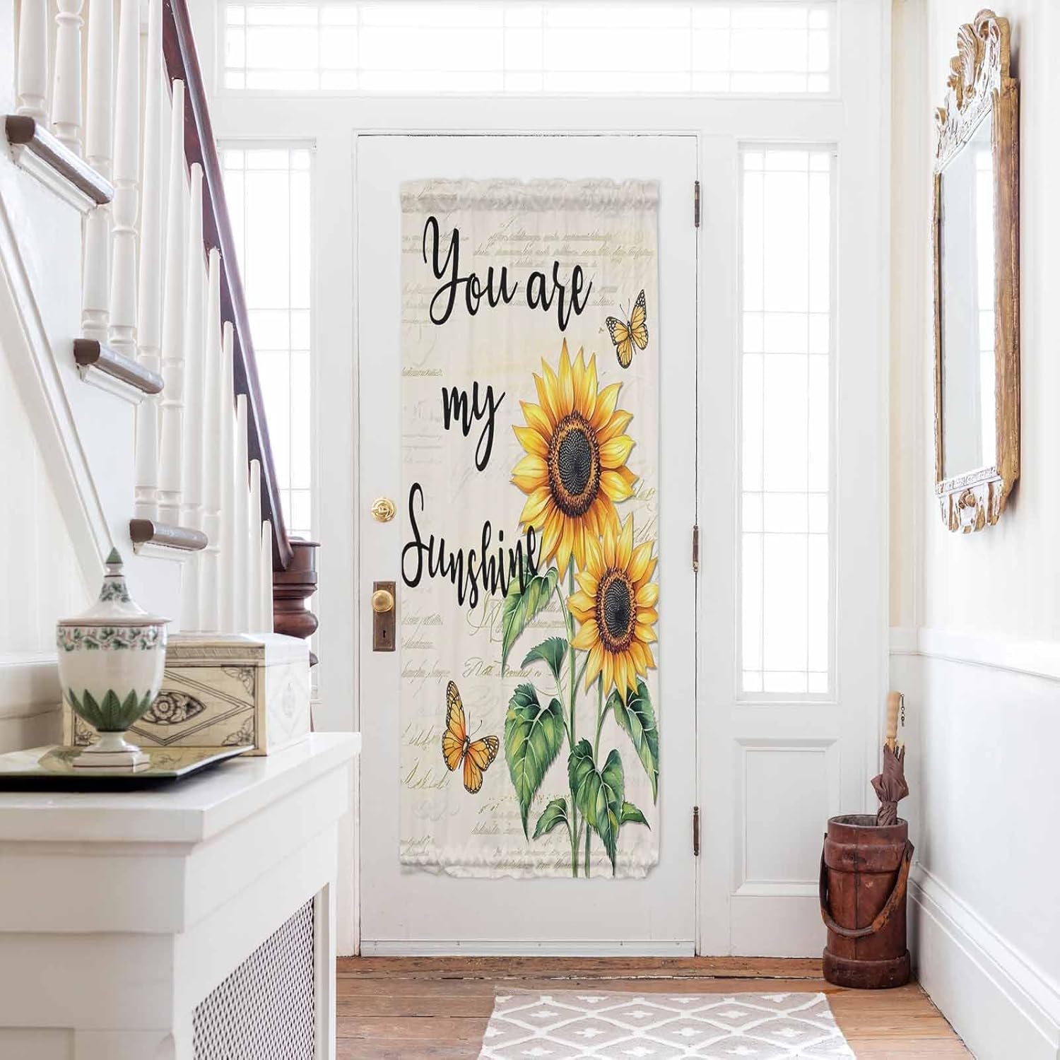 Yellow Sunflower French Sidelight Front Door Curtain for Door Window, Vintage Butterfly Sunshine Farmhouse SideDrape Rod Pocket Drapery for Kitchen Patio Doors, 1 Panel with Tieback, 54"x 72"