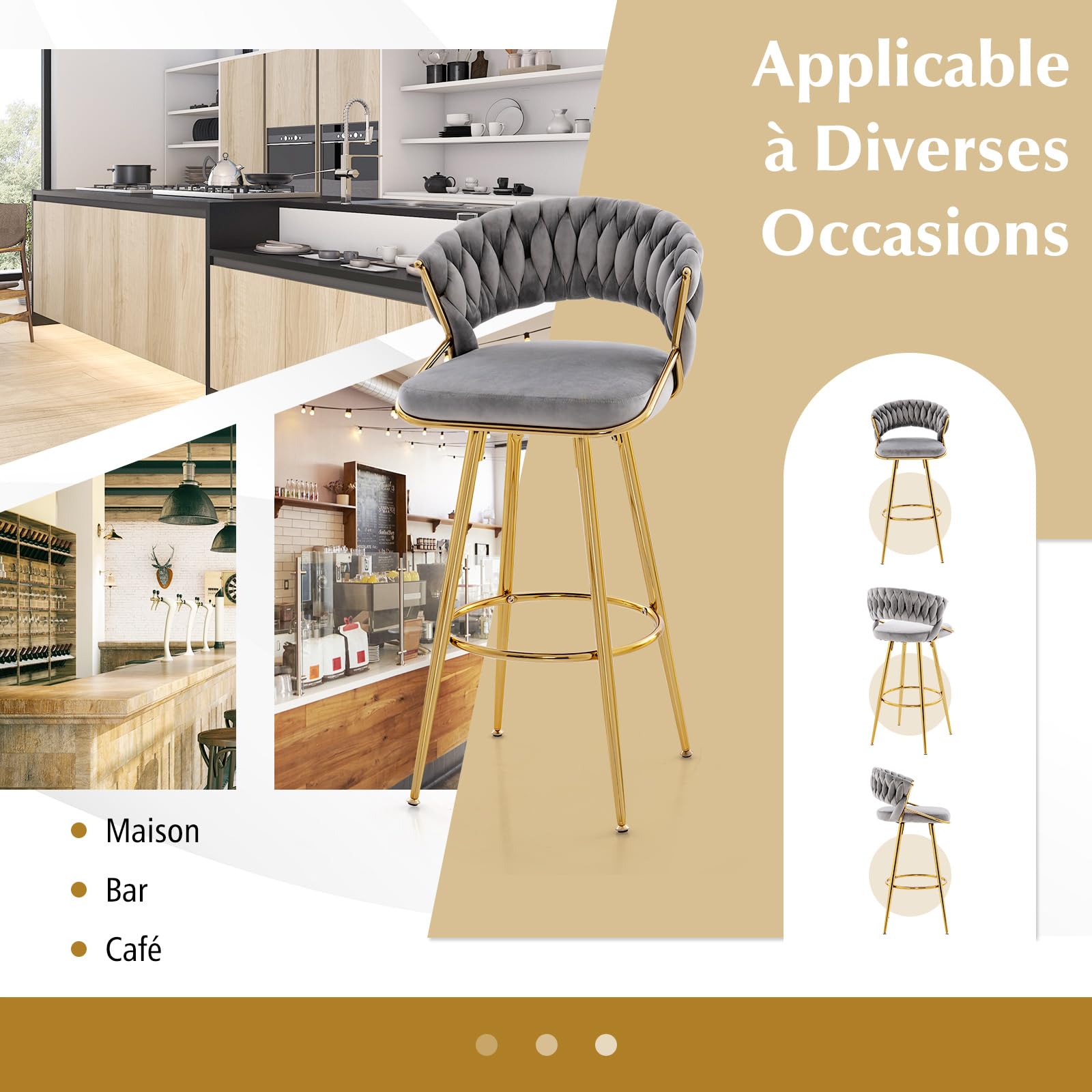 RELAX4LIFE Lot de 2 Chaises de Bar en Velours, Tabouret Haut Bar avec Siège Rembourré, Pieds en Métal Doré, Chaise Haute pour Ilot Central, Cuisine, Salle à Manger, Assise 73 CM, Charge 200 KG