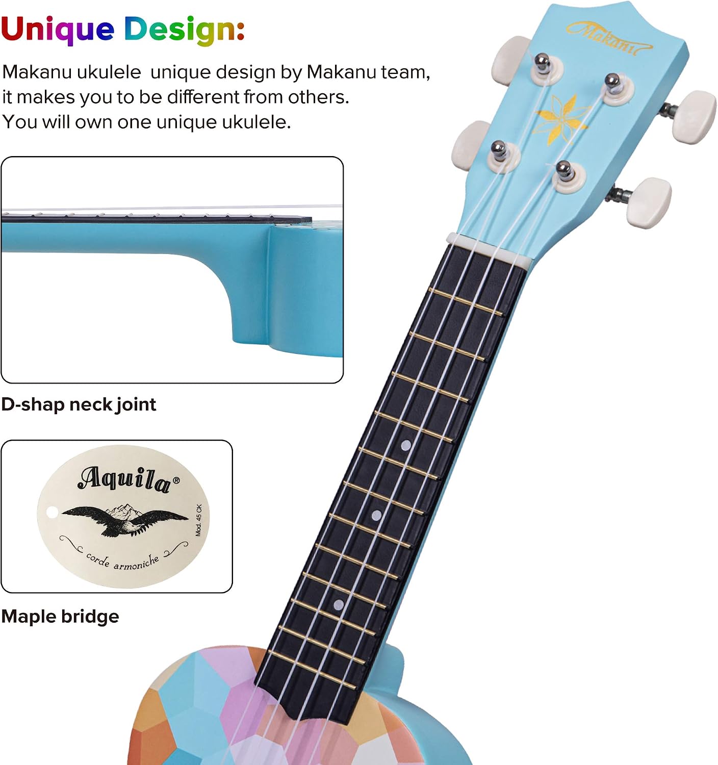 Makanu Kids Ukulele Kit with Gig Bag, Soprano Uke with Aquila Strings, 21 inch Ukelele, for Beginners, Hive Pattern Matte Finish