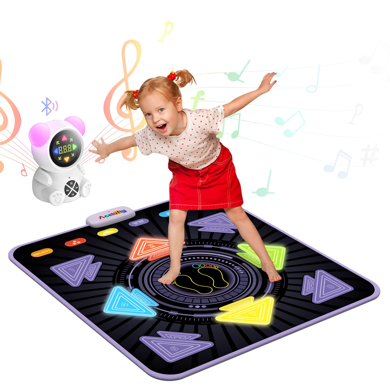 Acelufly Alfombrilla de Baile Recargable para Niños - Alfombrilla de Baile Luminoso con Reproductor de Música Bluetooth y Luces LED y 5 Modos, Regalo para Niñas y Niños de 3-12 Años