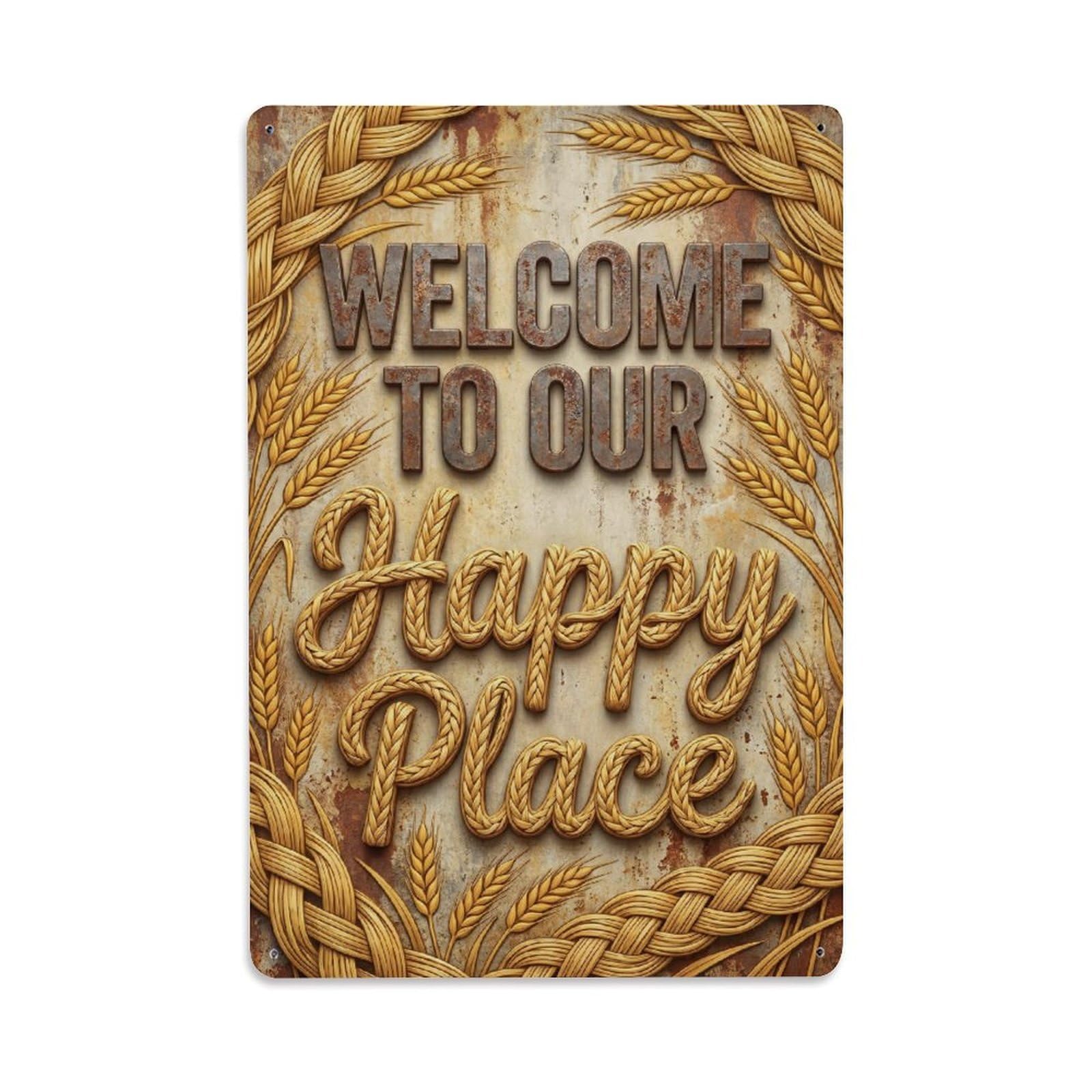 Okngb Style Tangerine Grove Welcome Happy Place Farmhouse Garden Metal Tin Sign Plaque Wall Decor For Cafe, Man Cave, Club Bar, Office, Home Garden Round Metal Poster 8X12inch