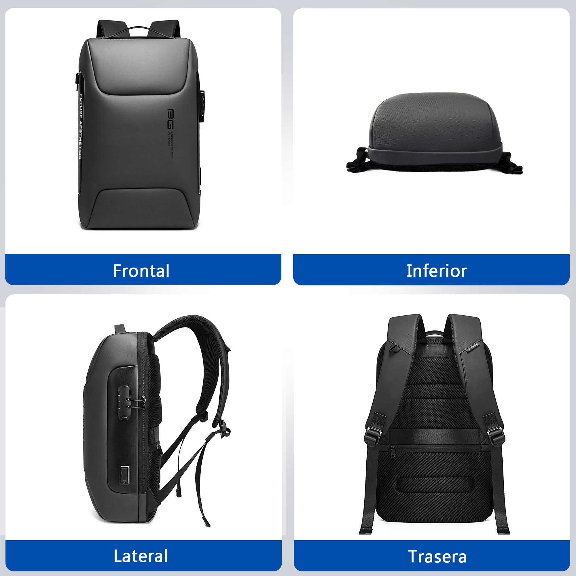 VARLIVOO Hombre Mochila USB Port Estudiante Mochila 15,6" Portátil Universitaria Anti-Robo Contraseña Cerradura Mochila de Hombre Trabajo Viajar Colegio Impermeable Polyester Gris