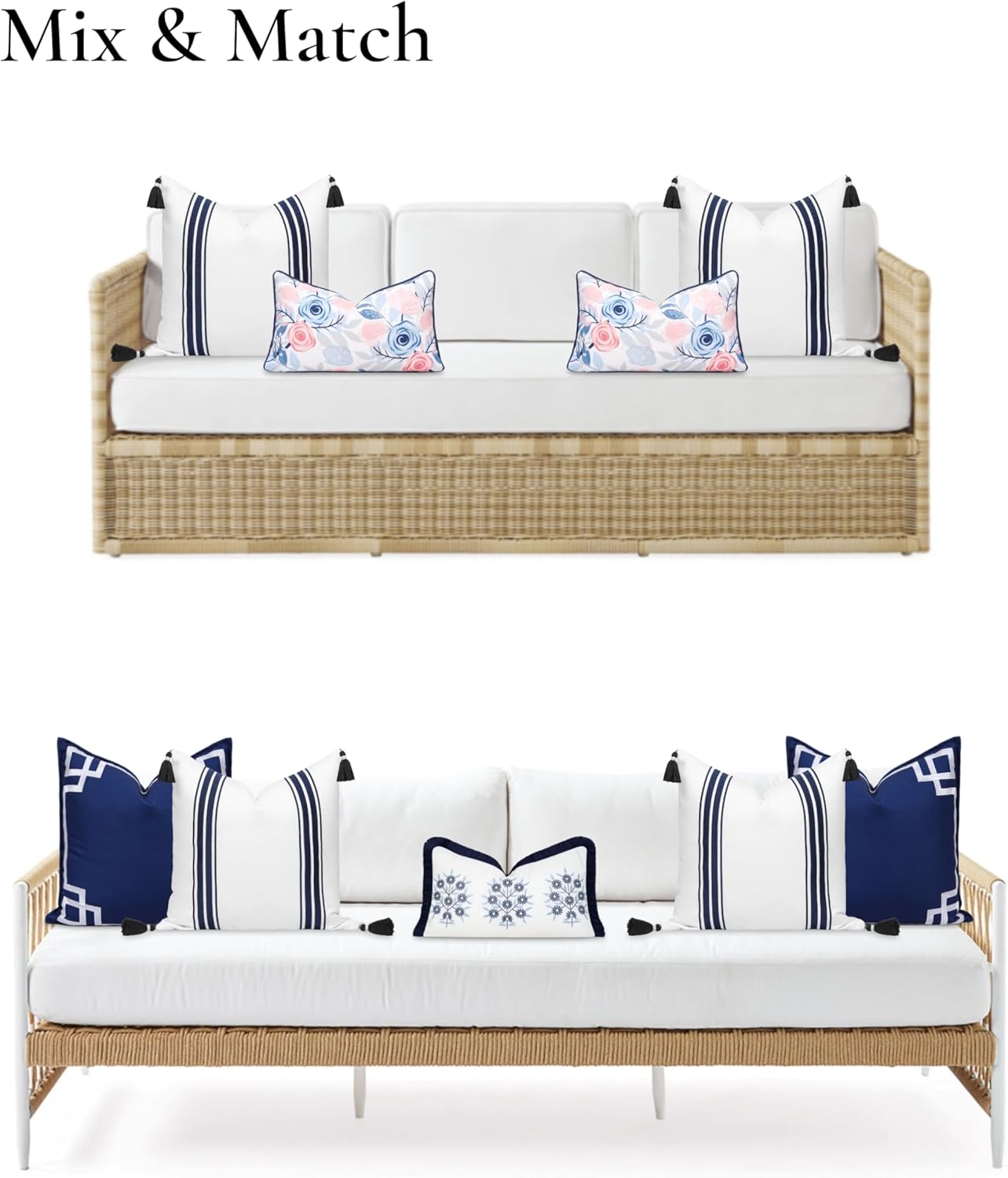 Hofdeco Premium Coastal Patio Indoor Outdoor Throw Pillow Cover Only, 20"x20" Water Repellent for Backyard, Couch, Navy Blue Embroidered Stripes with Tassels
