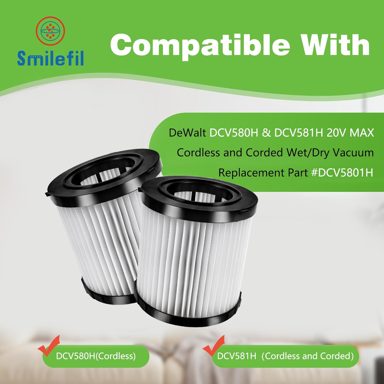 Smilefil 2-Pack DCV5801H HEPA Replacement Filters Compatible with DEWALT DCV580H (Cordless) & DCV581H 20V MAX Wet/Dry Vacuum, Washable & Reusable with 4 Foam Sleeve Filters & 1 Brush