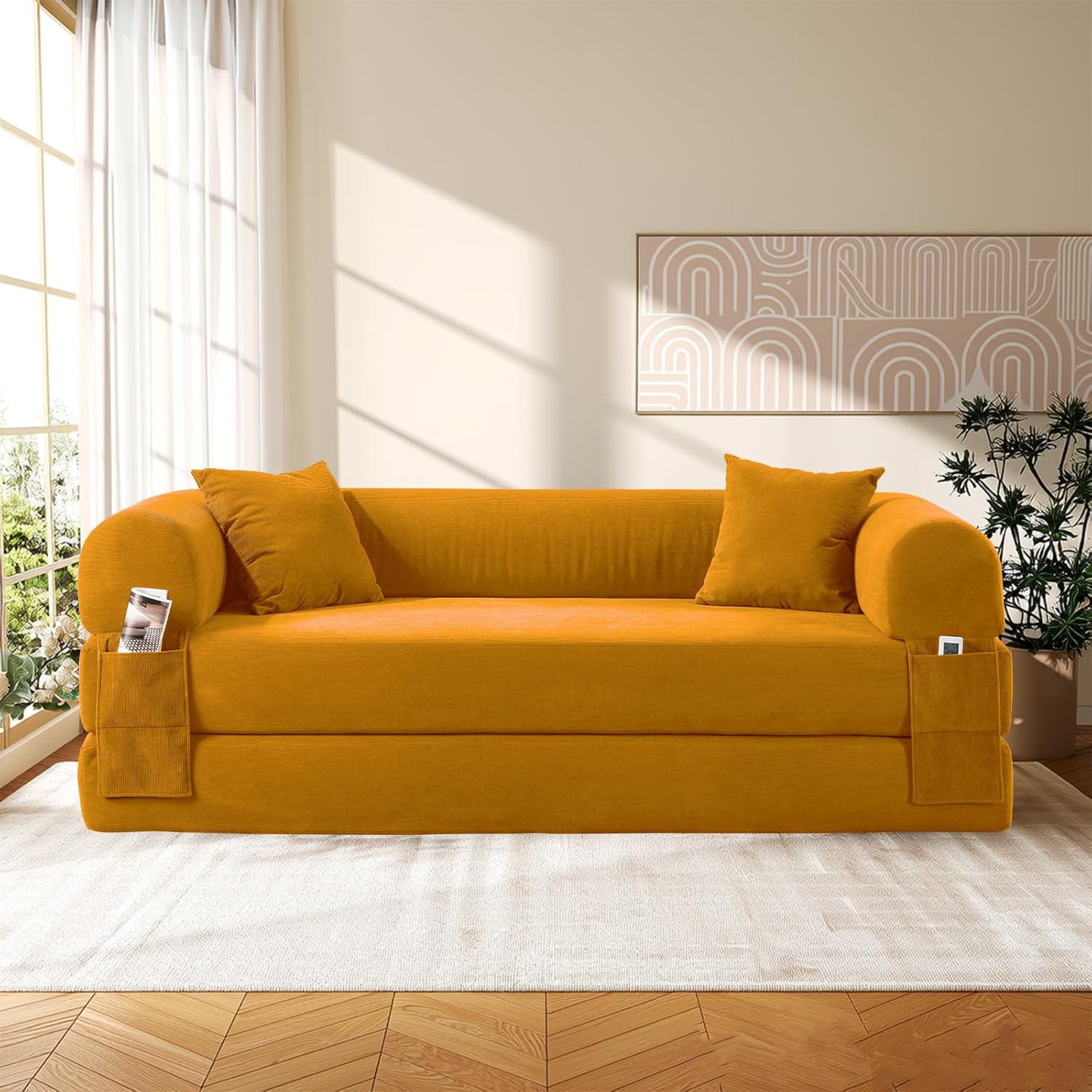80 Inch Convertible Sofa Bed,Folding Pull Out Couch with Pillows & Storage Pocket,Corduroy Queen Sleeper Sofa in a Box,No Assembly Boneless Couch for Living Room,Yellow