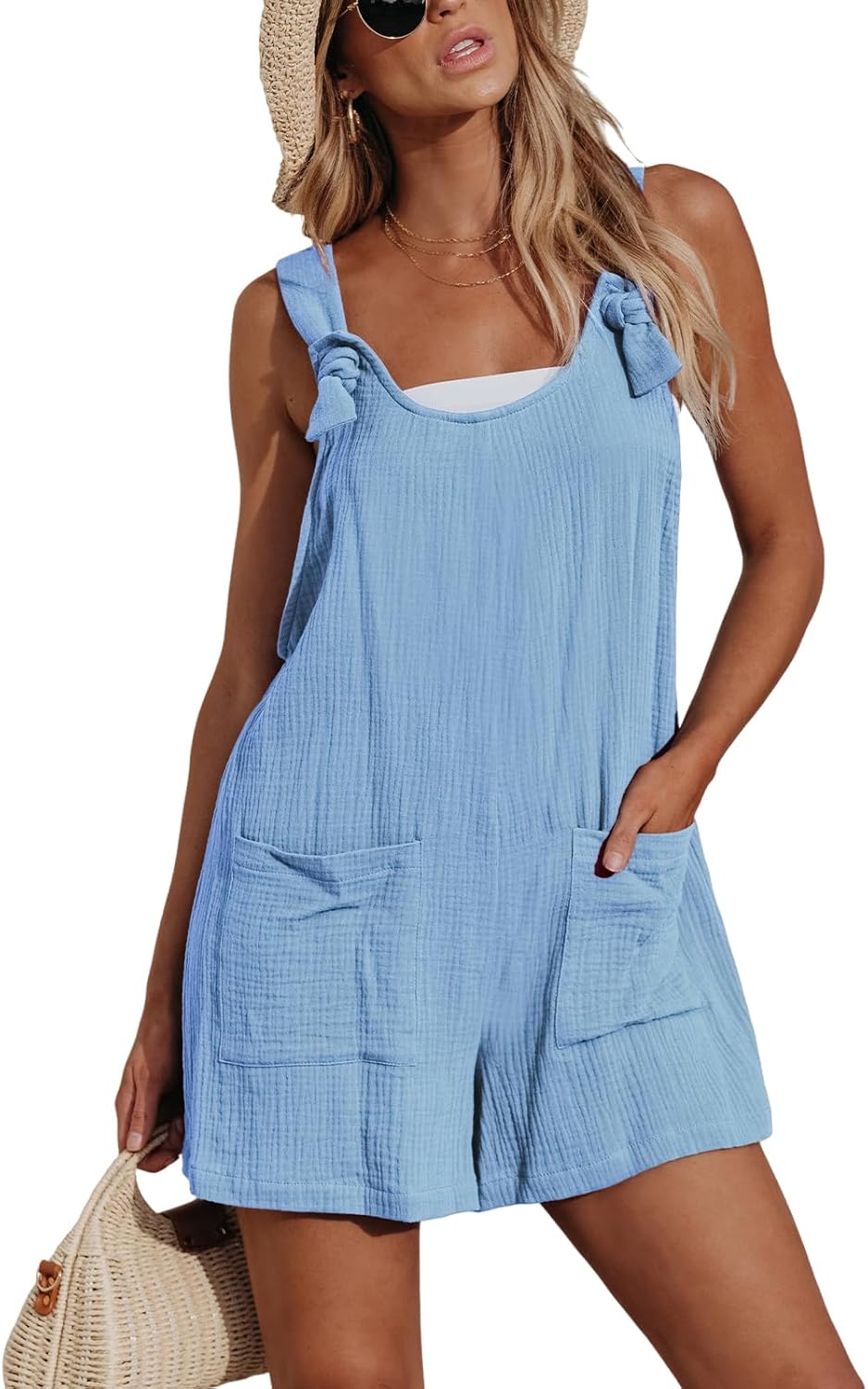 CUPSHE Women's Summer Sleeveless Overall Adjustable Loose Jumpsuit Beach Romper Travel Vacation Outfits with Pockets