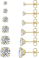 Wssxc 6 Pairs Hypoallergenic Cubic Zirconia Stud Earrings Set - 316L Stainless Steel CZ Earrings, 3-8mm Sizes for Sensitive Skin
