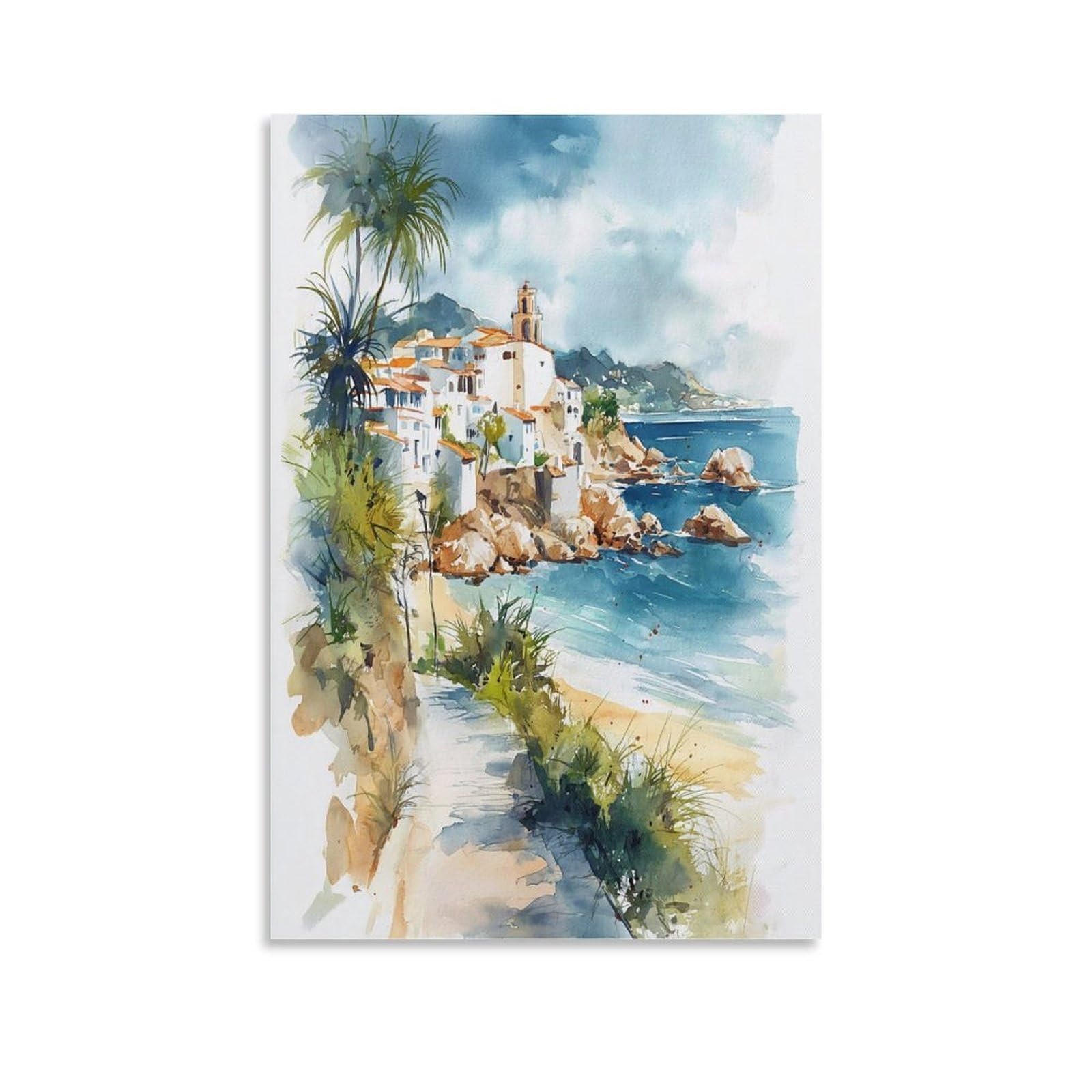 Cnaheiz Unframe-Style San Juan Puerto Rico Watercolor Painting_ Tropical Travel Poster 20X30inch(50X75cm) Vintage Watercolor Canvas Art