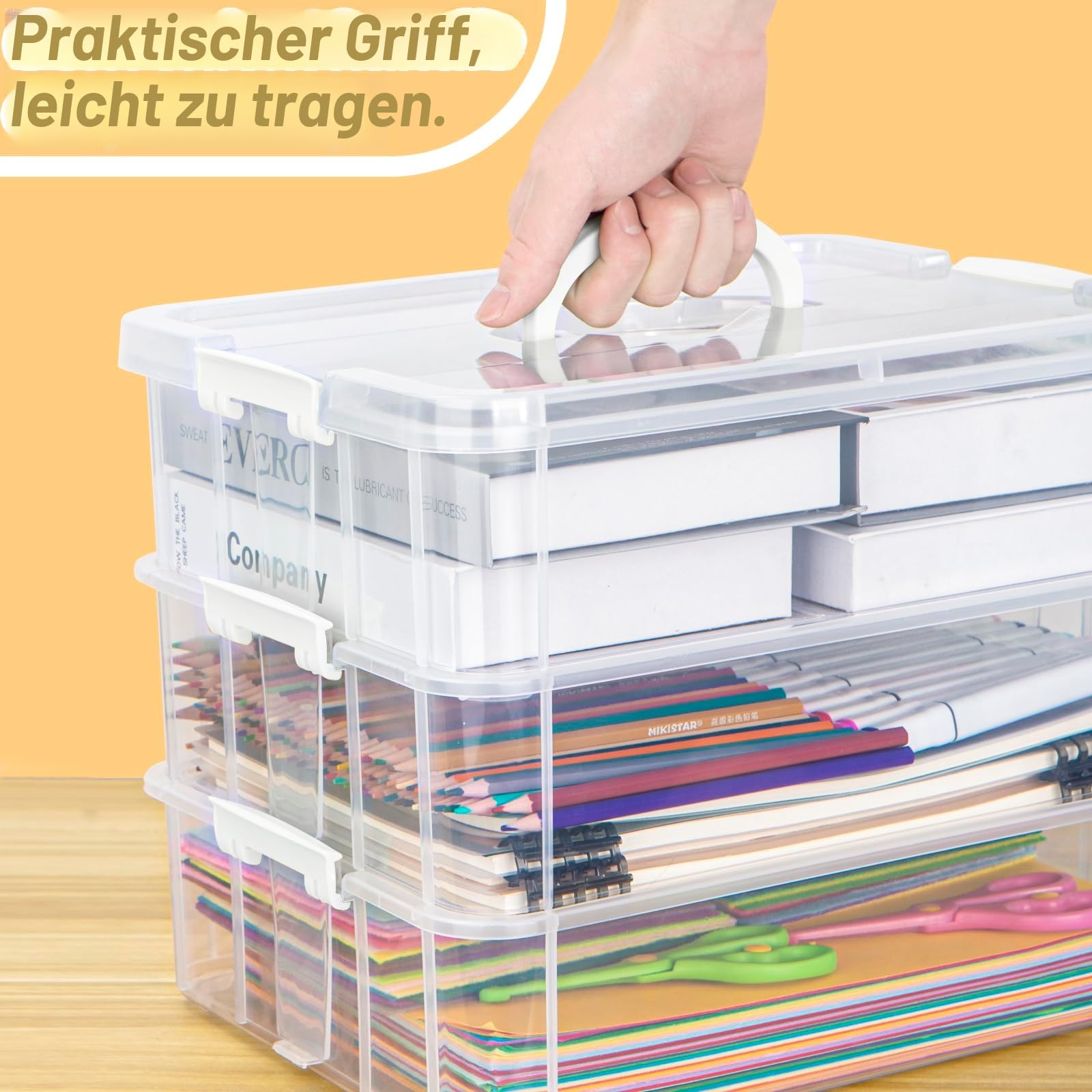 Creahaus 3-Stöckige Aufbewahrungsbox mit Deckel, Stapelbare Aufbewahrungsboxen für Bastelmaterial, Nähkasten, Sortierbox (weiß)