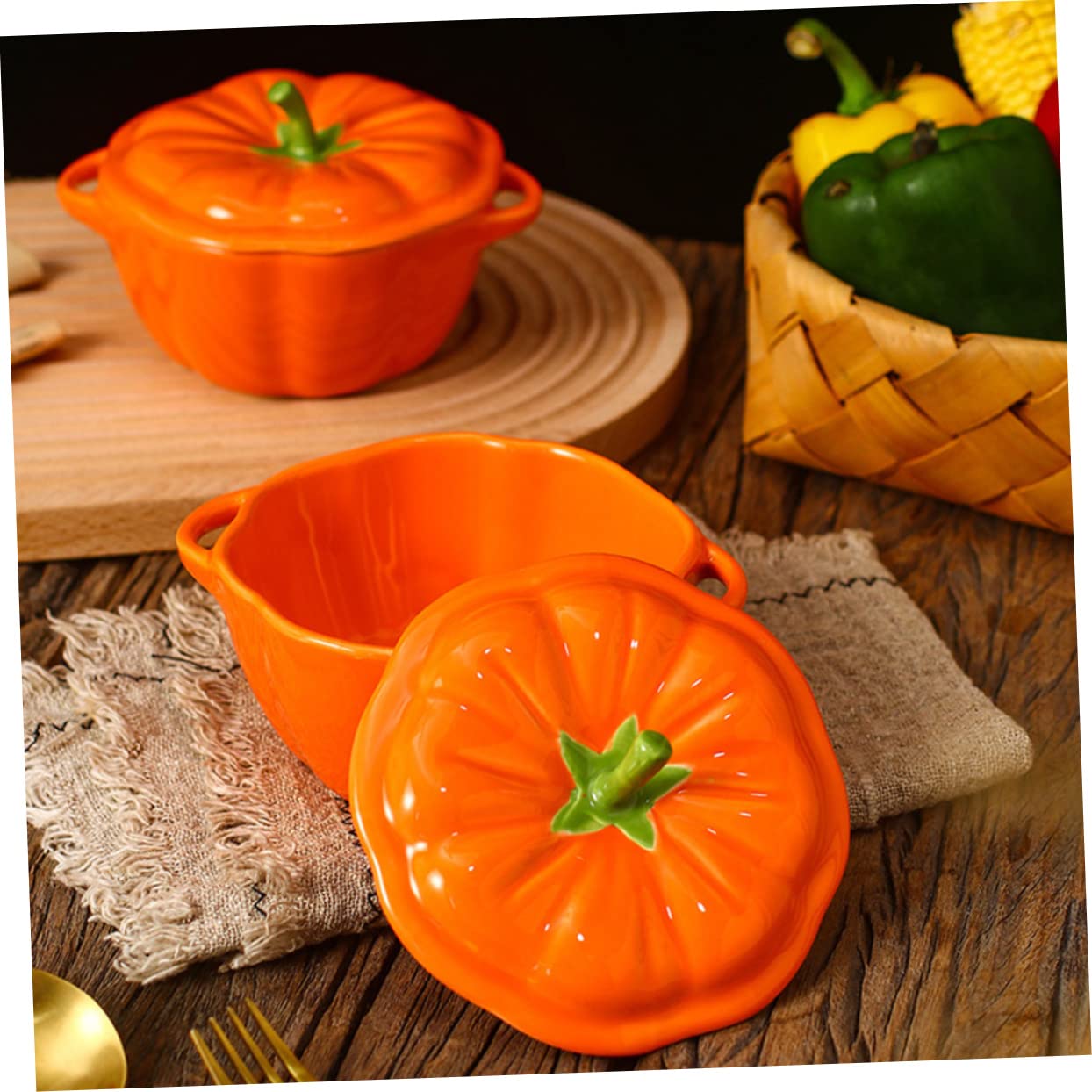 TOPBATHY 3 piezas Tazón de Cerámica con Diseño de Calabaza Resistente al Horno y Microondas para Estofar y Cocinar al Vapor Cuenco Versátil para Sopa y Postres Cocina