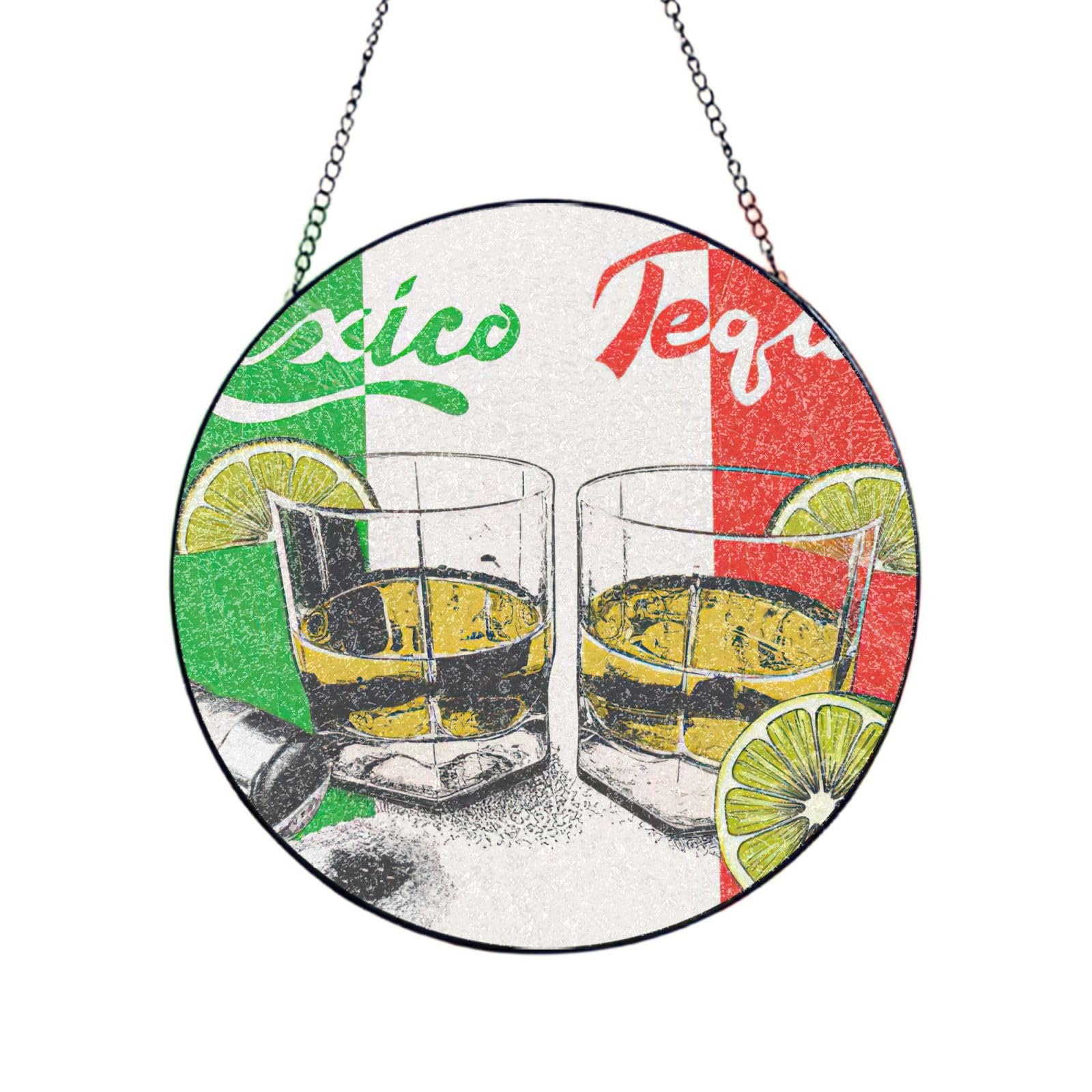Mexico Flag And Tequila Print Glass Sun Catcher For Windows Hanging Garden Ornament Womens Gift