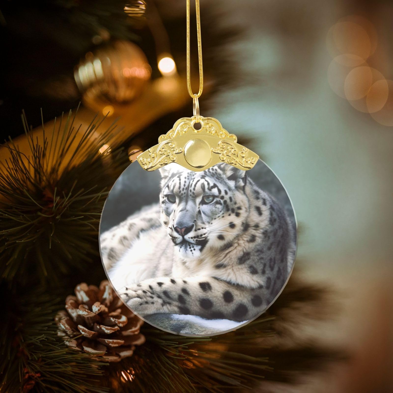 Crystal Christmas Ornaments for Christmas Tree Decoration Hanging Snow Leopard Ornament with Gold Ribbon Crafts Round Pendant for Keepsake Gifts Glass Xmas Decor Party Supplies