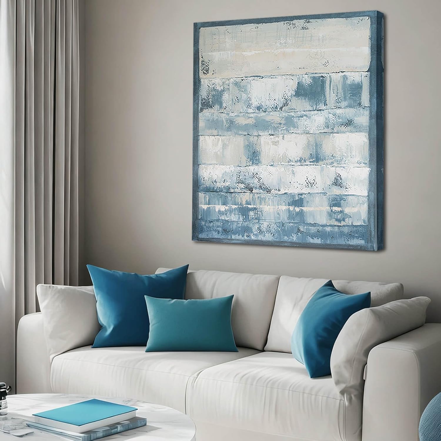 SHEYOYE Modern Blue Neutral Wall Art, 36x48 Framed Canvas Prints, Abstract Wall Art Pictures for Bedroom, Living Room, Office Wall Decor 48"L x 36"W Blue
