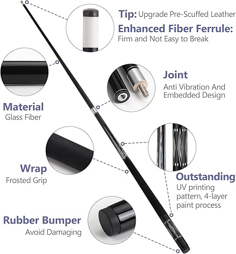 Miniatura 2 de Juego combinado de taco de billar de fibra de vidrio con estuche, taco de billar profesional de 12.5mm de 58 pulgadas con baja desviación, juego de