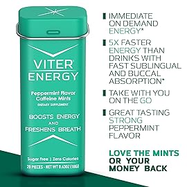 Viter Energy 40mg Caffeine Mints - Sugar Free, B Vitamins, Vegan, Boosts Fast Energized Alert Focus, Caffeinated Nootropic Supplement Pills (Peppermint Flavor, 20pcs, 6 Pack, 120pcs Total)