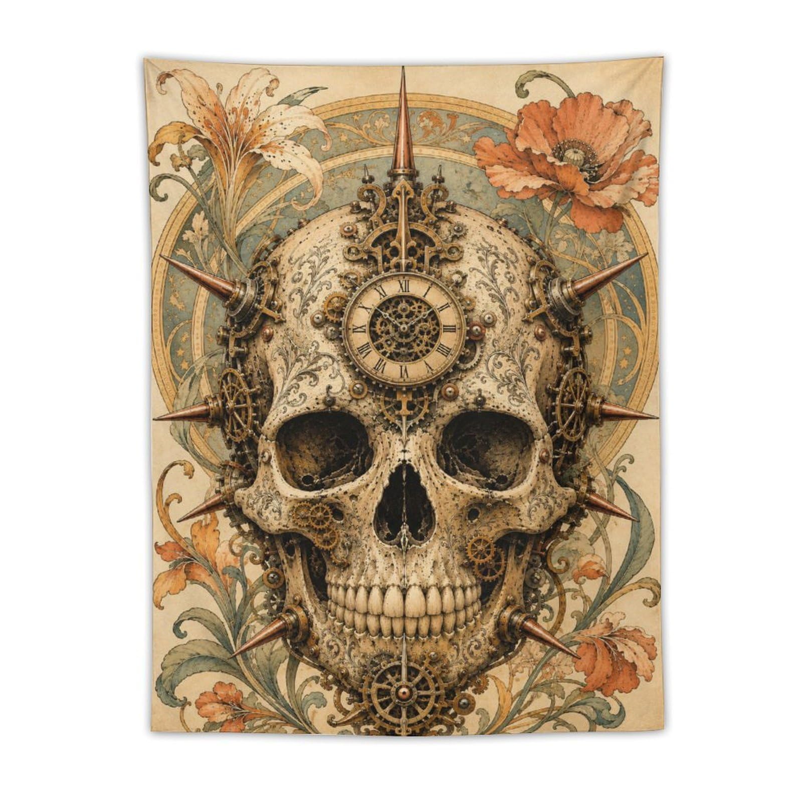 H3B8U2Y5 Ornate Skull with Flowers Wall Tapestry, Gothic Oil Style, Bedroom