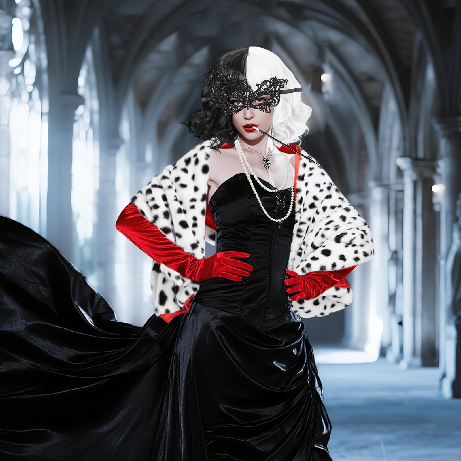 CHMMY Cruella halloween kostüm damen devil 70er Jahre Accessoires Cosplay Perücke Zubehör mit Spitze Maske Handschuhe Perlenschmuck für Karneval