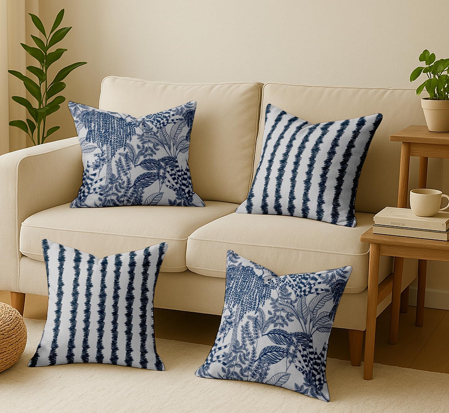 Blue Cotton Cushion Covers Set of 4, 16x16 Inch, Dual-Sided Print, Hidden Zipper Closure - Leaves Print