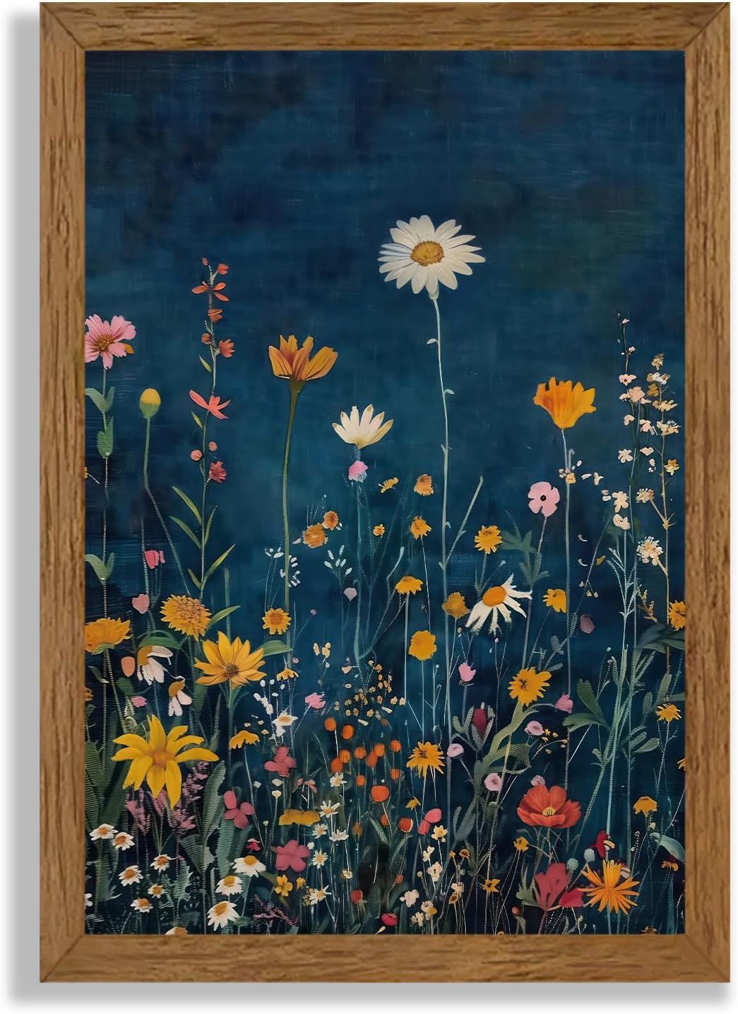Wojuin Framed Dark Blue Botanical Floral Canvas Wall Art, Rustic Colorful Wildflower Artwork Wall Decor, Vibrant Vintage Flower Painting Prints for Living Room Bedroom Bathroom Office 16x24 in