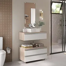 Gabinete Banheiro Creta 80cm (02 armários + cuba + espelho) (Madeirado/Branco)
