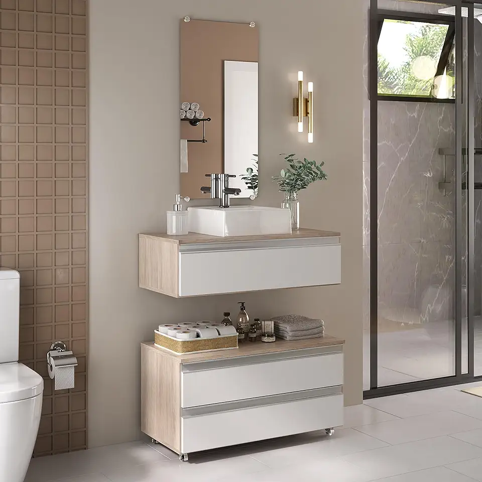 Gabinete Banheiro Creta 80cm (02 armários + cuba + espelho) (Madeirado/Branco)