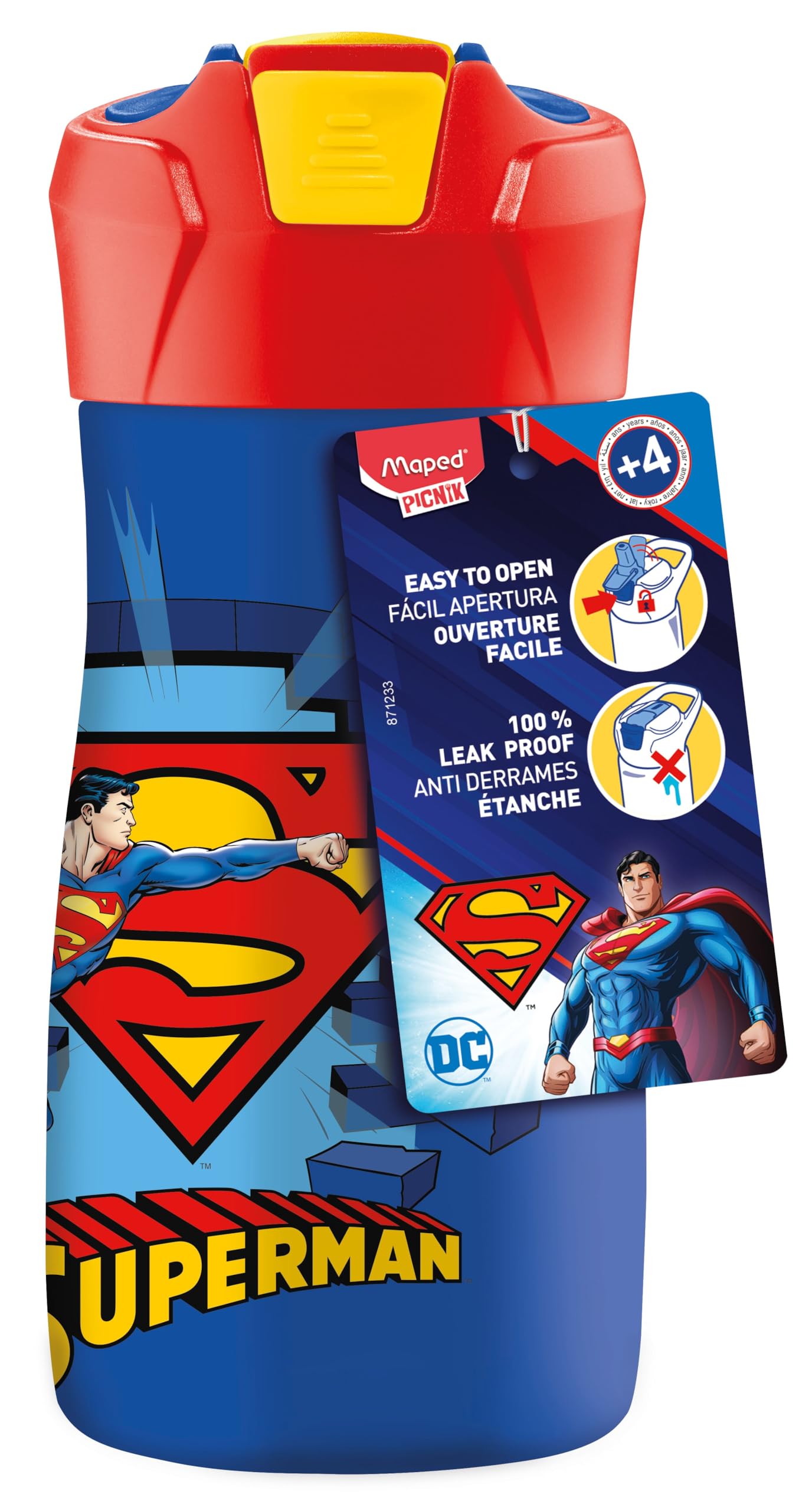Maped Picnik - Superman Stainless Steel Water Bottle 430 ml - Automatic System with Locking Button - Kids Water Bottle - Durable stainless steel - Blue colour