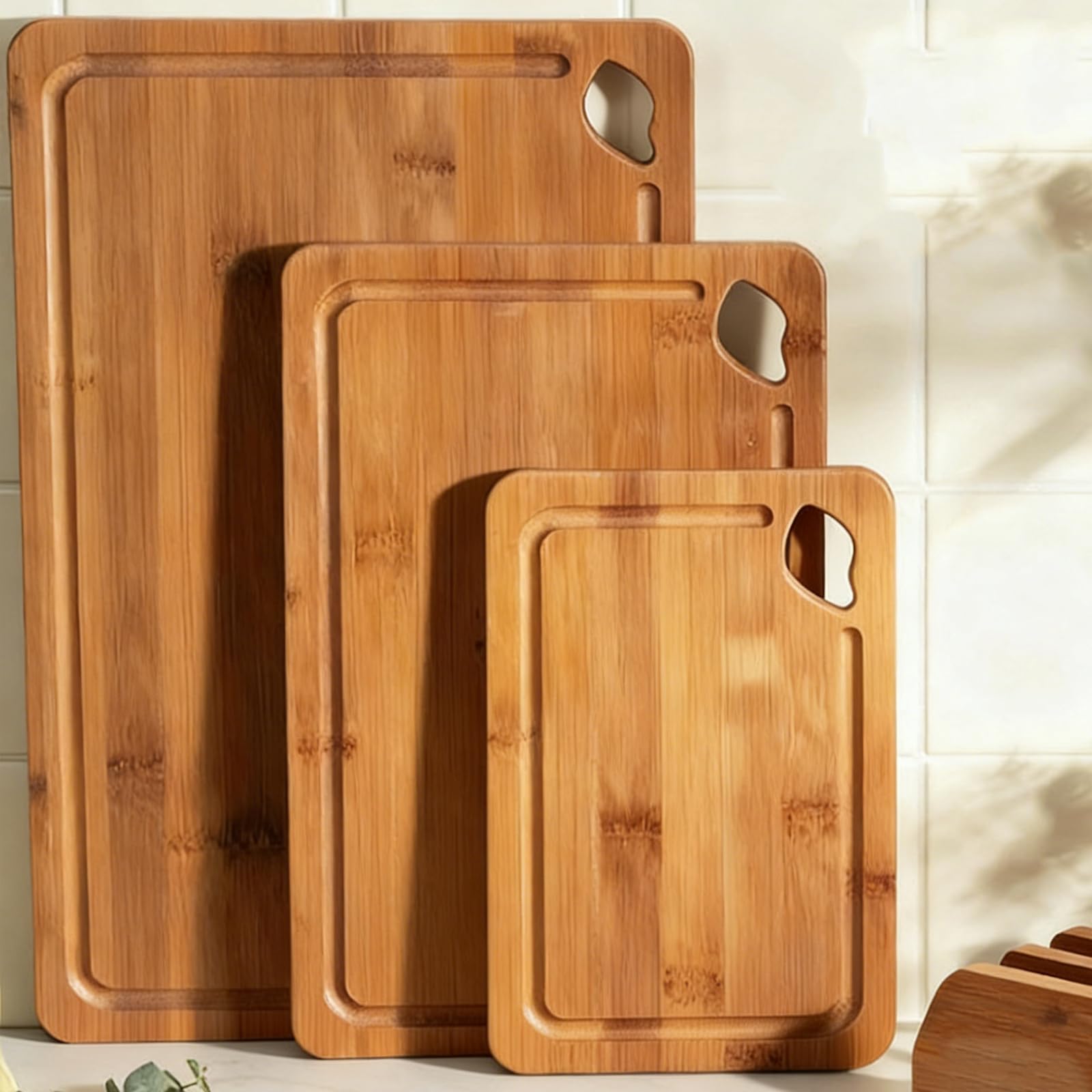 Juego de tablas de cortar de bambú natural de 3 piezas para frutas, verduras y carne, cocinas modernas, esenciales con tabla de cortar de diseño antideslizante