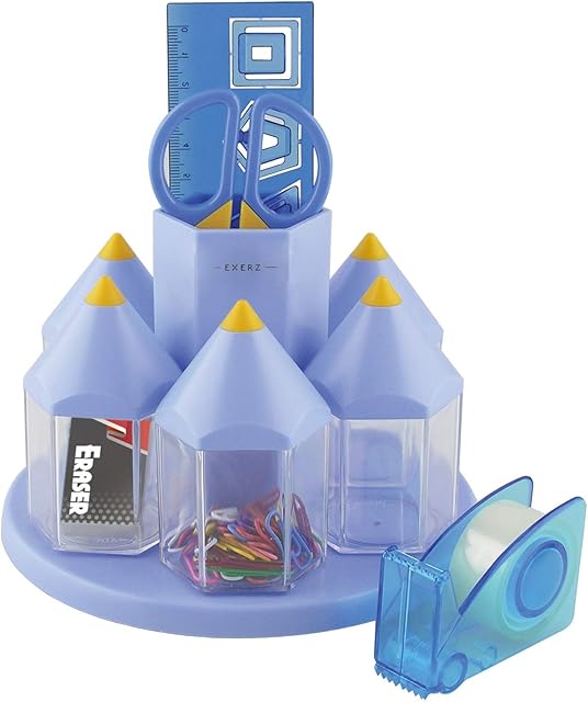 Exerz Rotary Desk Organiser Pen Tidy Set with 5 Accessory Boxes - Multi Colors -Filled with Safety Scissors (NOT Sharp), Ruler, Tape Dispenser, Eraser, Clips (Blue)
