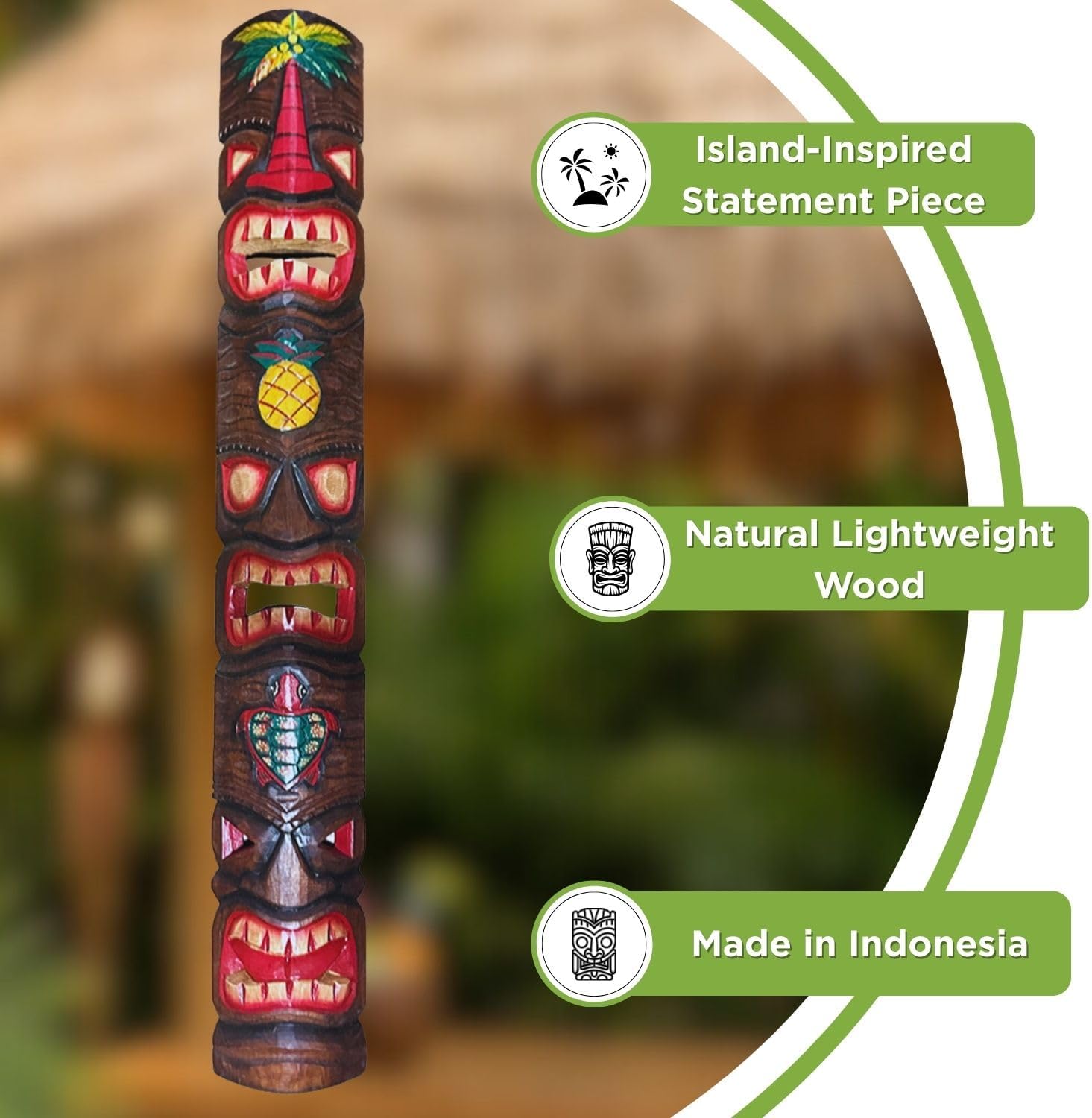 FOREVER BAMBOO 60 in. Tiki Mask Three Face Pineapple & Palm Hand-Carved Tiki Mask Outdoor Wood Art Decoration