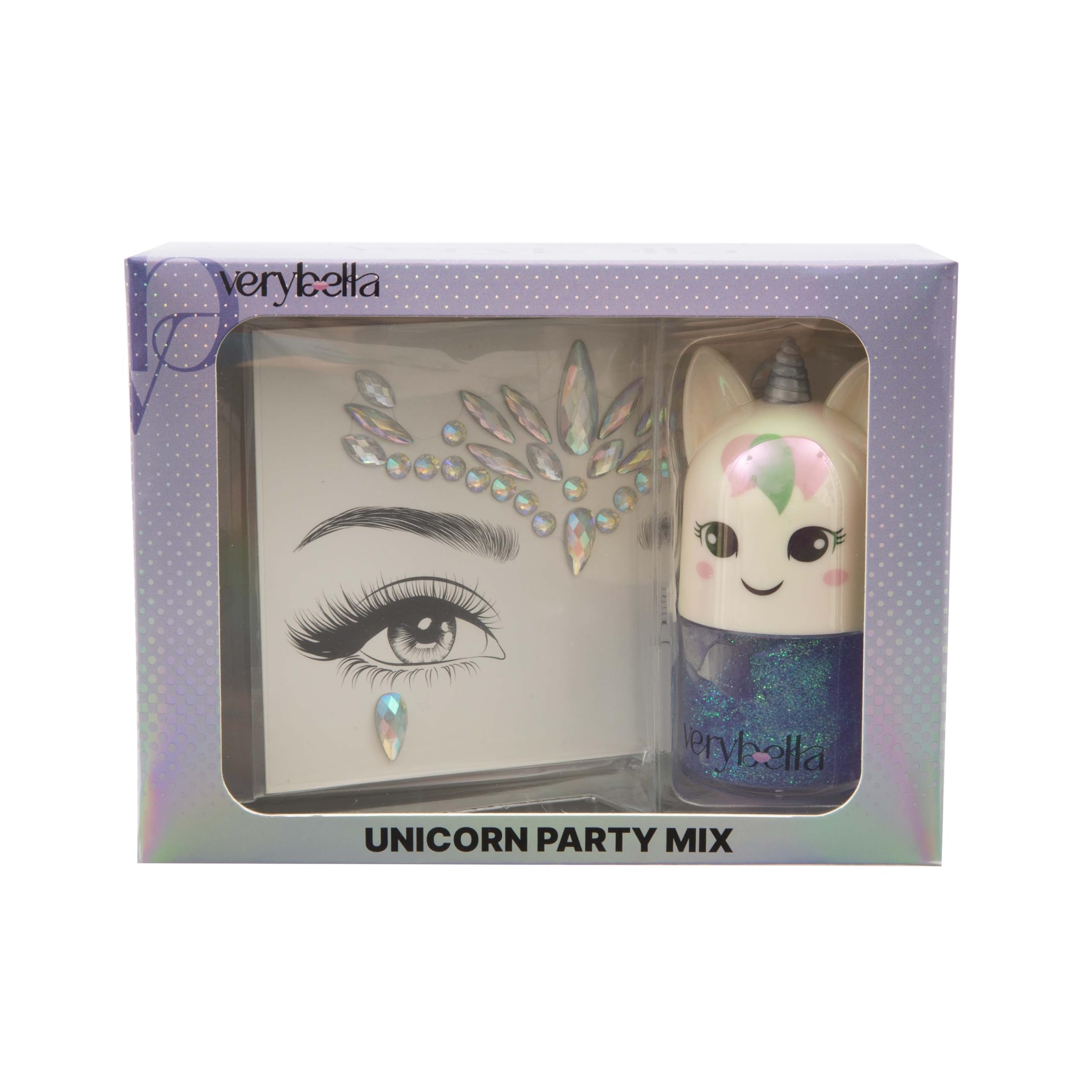 Very Bella Unicorn Party Mix Set, Glitter Roll-On Gel & Diamond Face Stickers for Kids, Magical Makeup for Girls