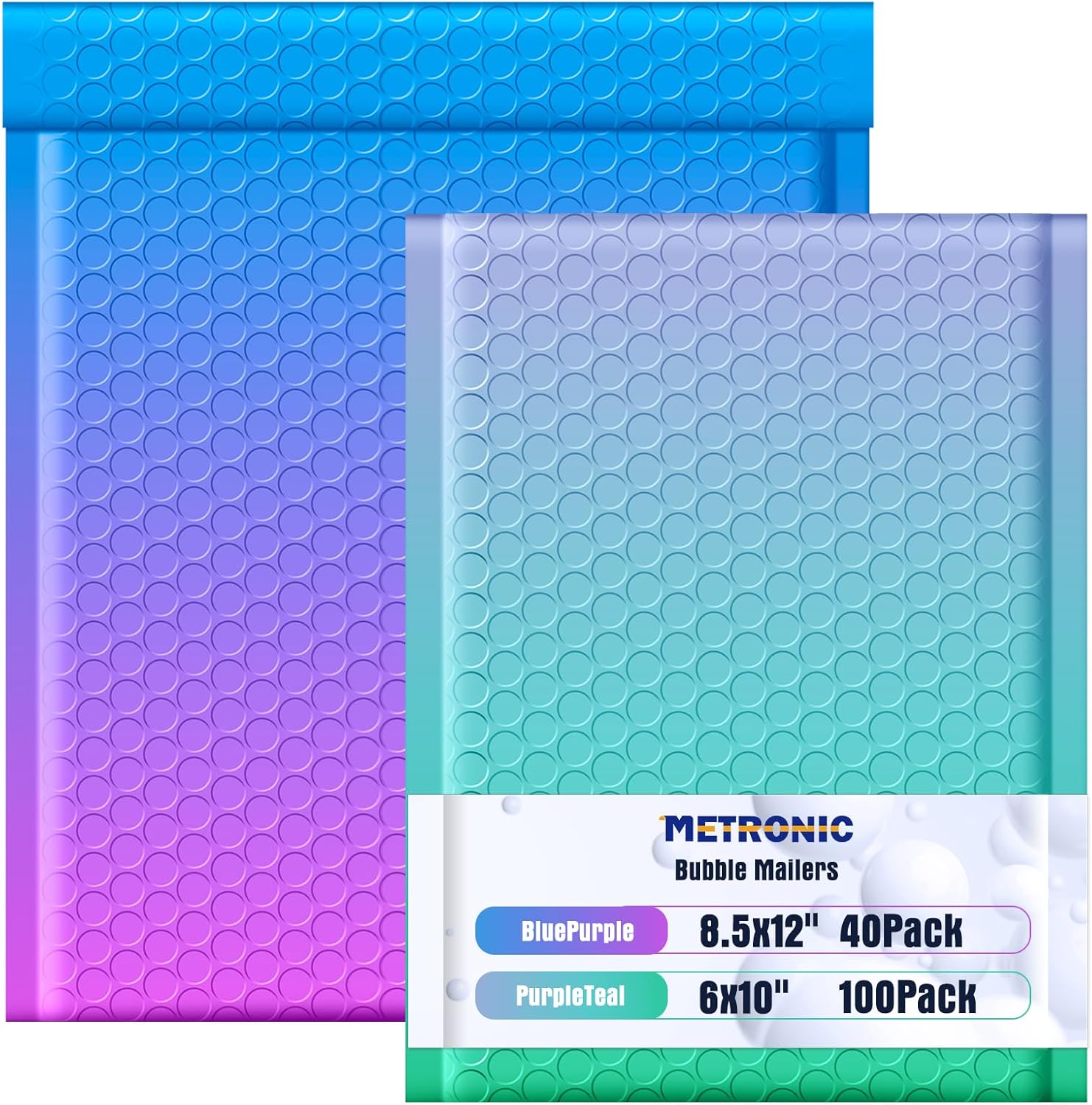Metronic Bubble Mailers 40PC 8.5X12" BluePurple +100PC 6X10" PurpleTeal Padded Envelopes,Waterproof Self Seal Adhesive Padded Envelopes, Cushioning Padded Mailers for Shipping, Mailing, Packaging,