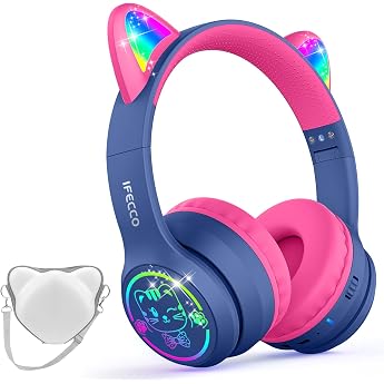IFECCO Children's Bluetooth Headphones with Storage Bag LED Lights | Cat Ears, 85 dBA Volume Limit, Built-in Microphone for i