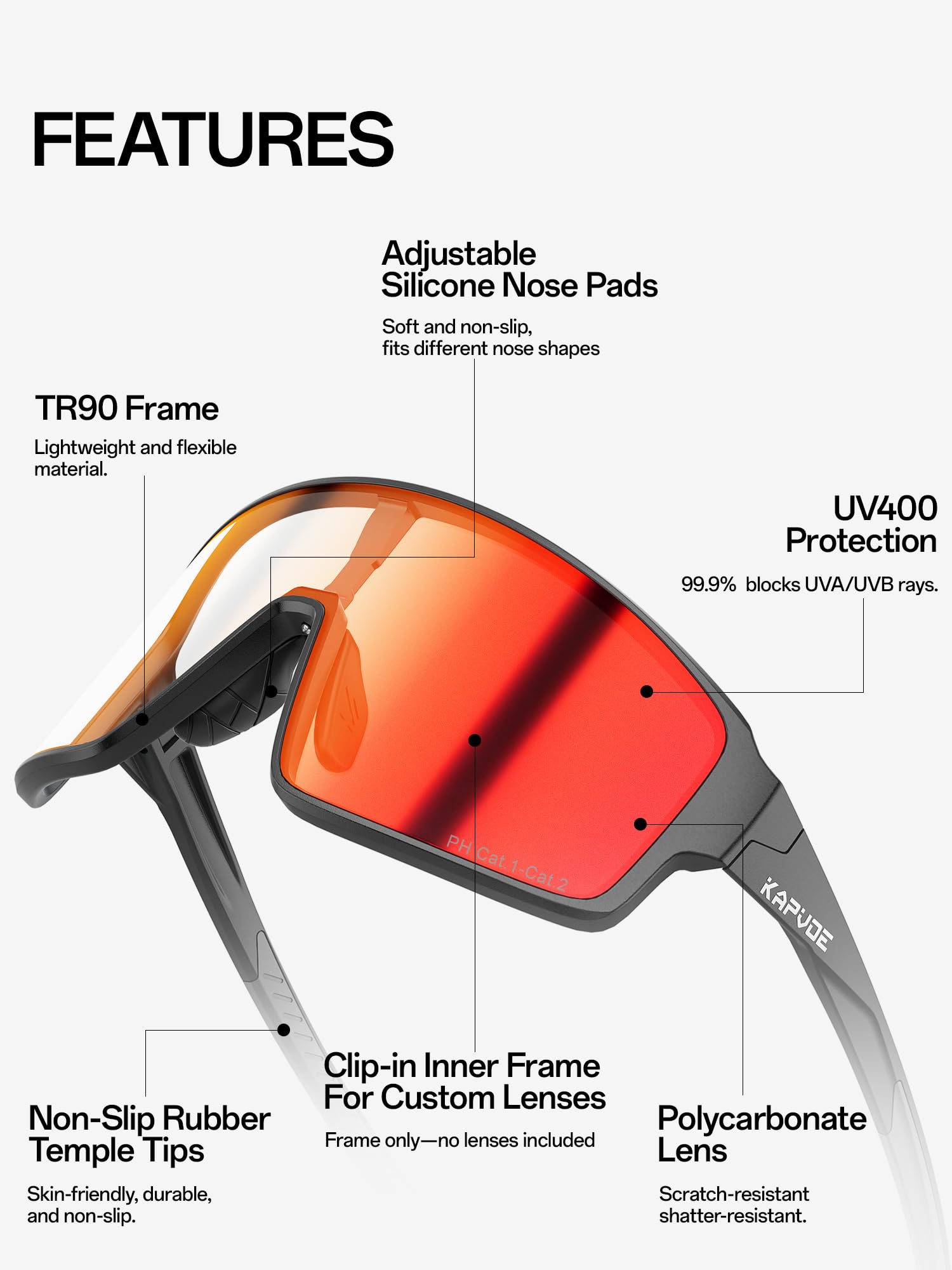 KAPVOE K473 Lunettes de Cyclisme Photochromiques et Colorées pour Hommes et Femmes, Lunettes de Soleil Sportives UV400 Baseball VTT