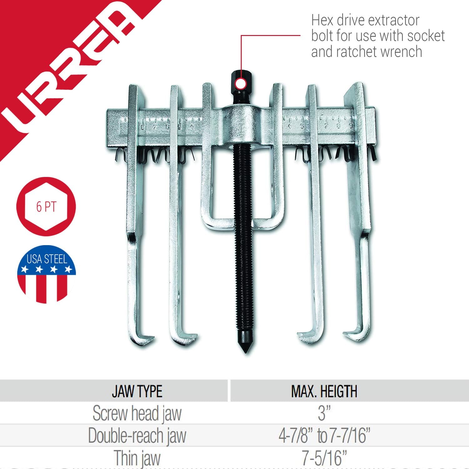 URREA 10-Ton Straight Jaw Puller Set - 12-Piece Mechanical Gear Puller with interchangeable Jaws & Metal Box - 4234B