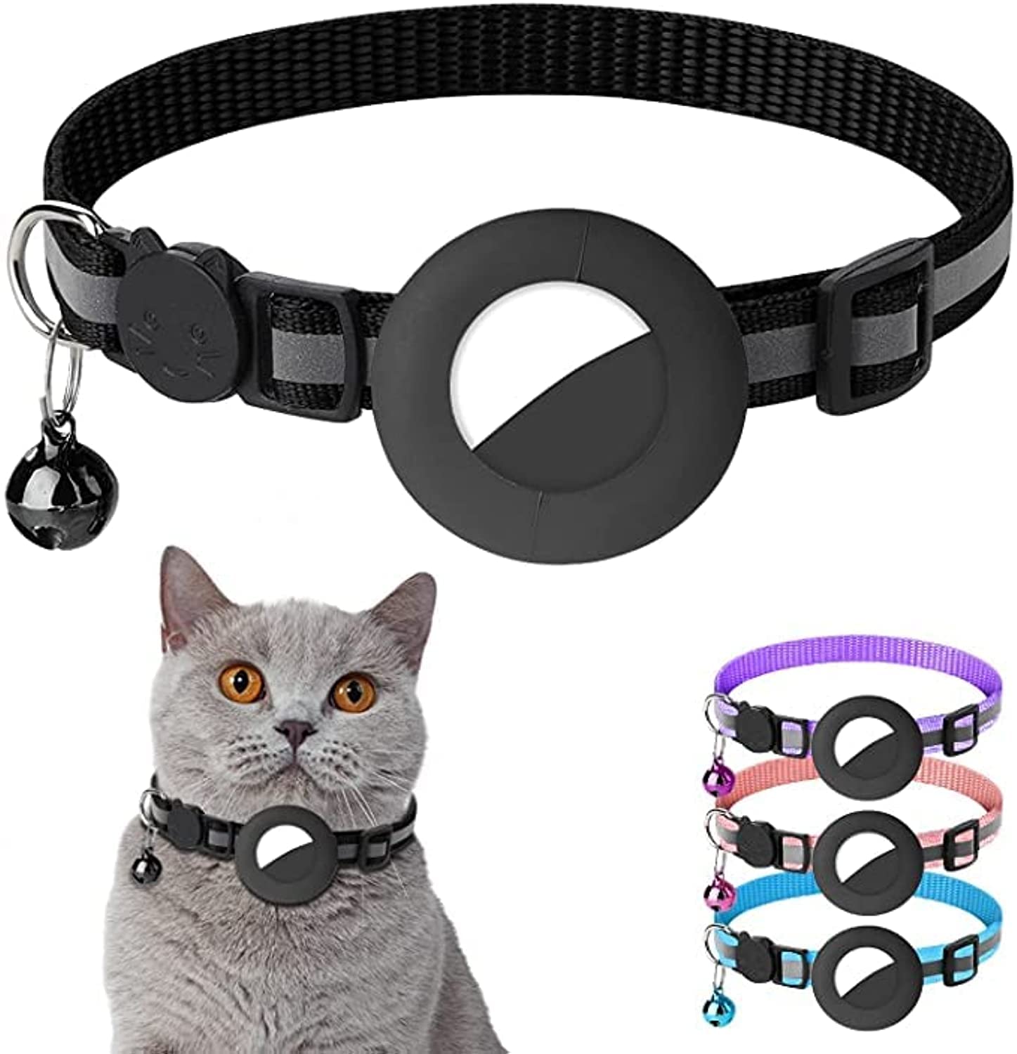 Airtag Cat Collar, Air tag Cat Collar with Bell and Safety Buckle in 3/8" Width, Reflective Collar with Waterproof Airtag Holder Compatible with Apple Airtag for Cat Puppy 1 PCS Black
