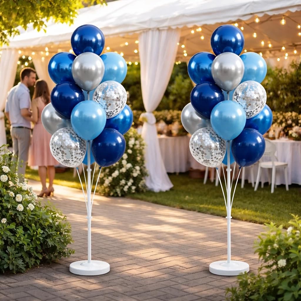 Juego de 2 soportes para globos, soporte de columna para globos con confeti dorado azul marino metálico plateado y azul mezclado para cumpleaños, boda, baby shower, graduación, decoración de fiesta de