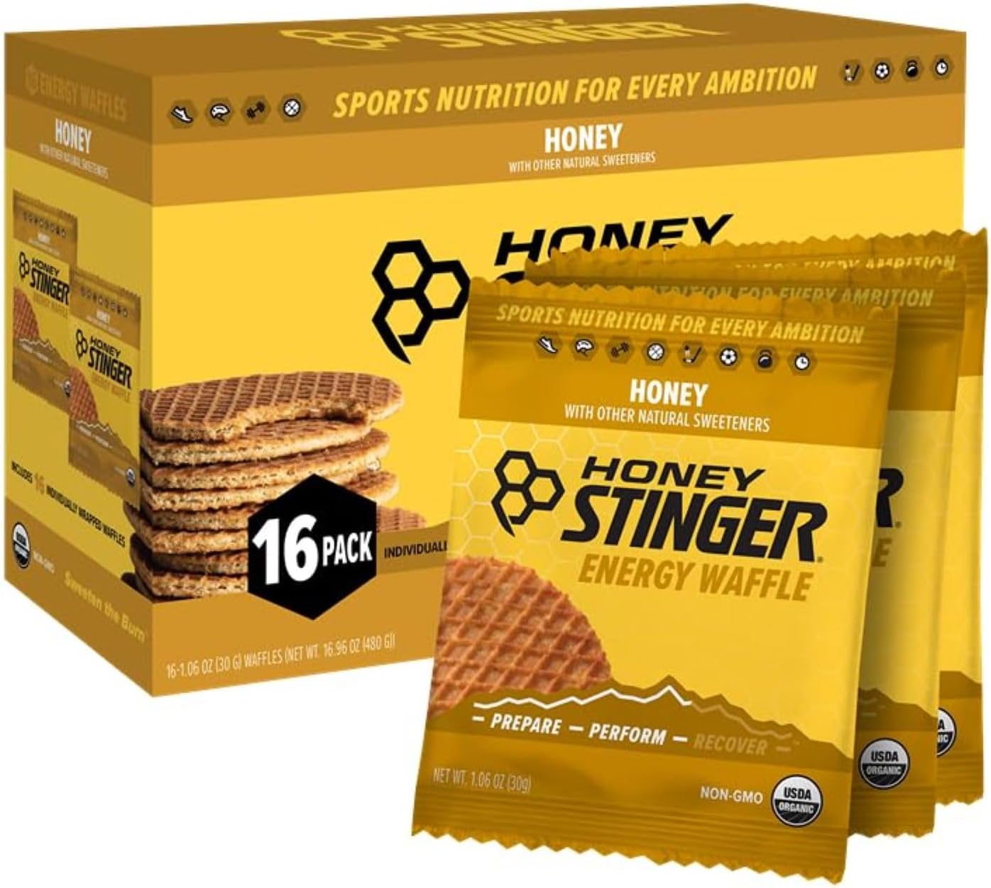 Honey Stinger Organic Honey Waffle, Energy Stroopwafel for Exercise, Endurance and Performance, Sports Nutrition for Home & Gym, Pre and Post Workout, 16.96 Ounces (Pack of 16)