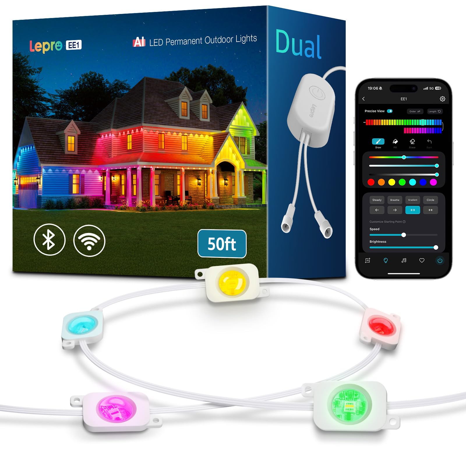 Lepro Rgb Ee1 Ai Permanent Outdoor Lights 15M, Smart Outdoor Christmas Lights Waterproof, Colour Changing Eaves Lighting 50Ft, Personalized Ai Lighting Designer, Works With Alexa, 2.4Ghz Wifi, No Remote