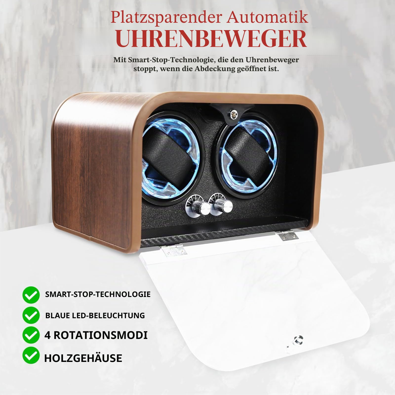 Uhrenbeweger für Automatikuhren, Uhrenbeweger Box für Rolex, Doppelter, Geräuscharmer Japanischer Motor, 4 Rotationsmodi, Blaue Beleuchtung, Netzbetrieb oder 2 AA-Batterien (Nicht Enthalten)