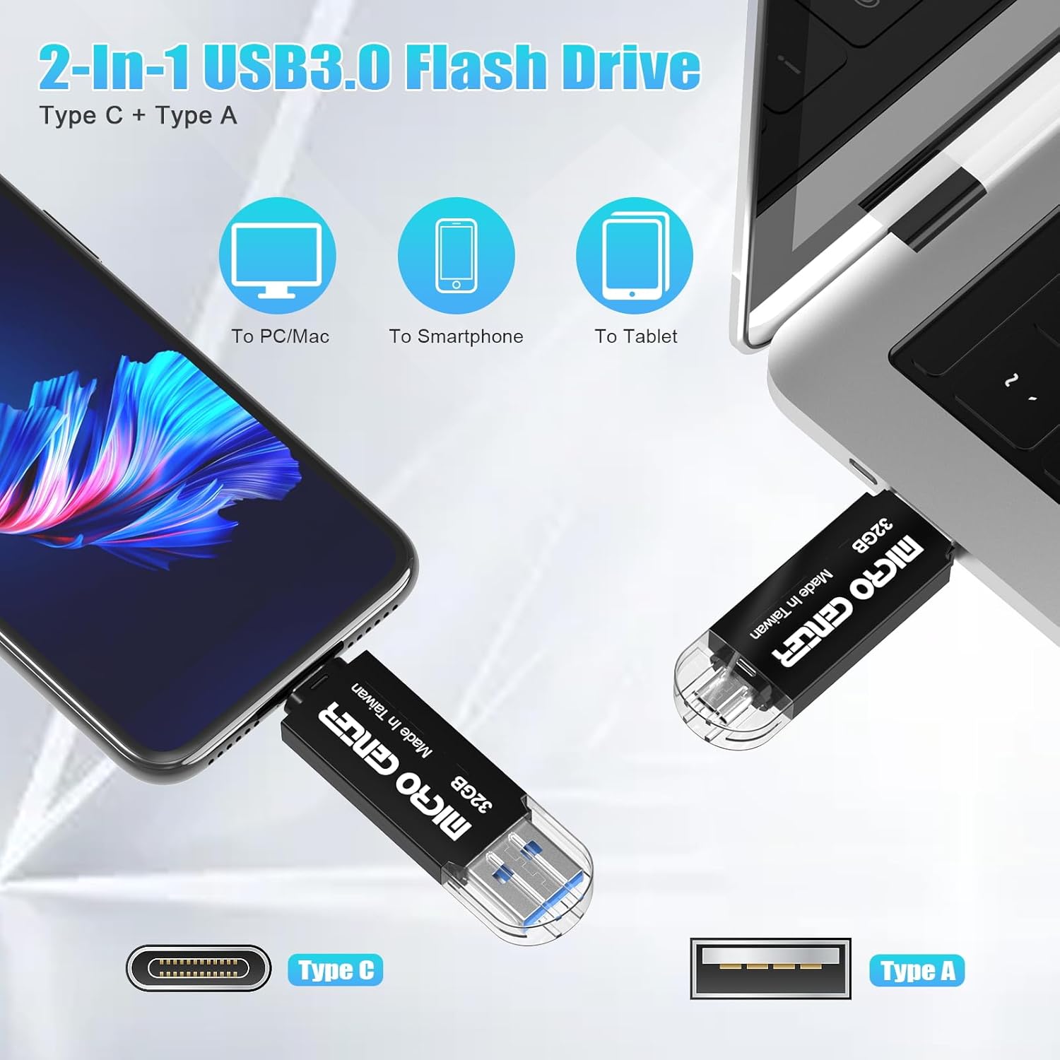 INLAND Micro Center SuperSpeed 5 Pack 32GB Daul Drive up to 100MB/s Type C & Type A 2-in-1 USB 3.0 Flash Drive Thumb Drive Memory Storage Stick for Android Computers MacBook Tablets PC,Brown
