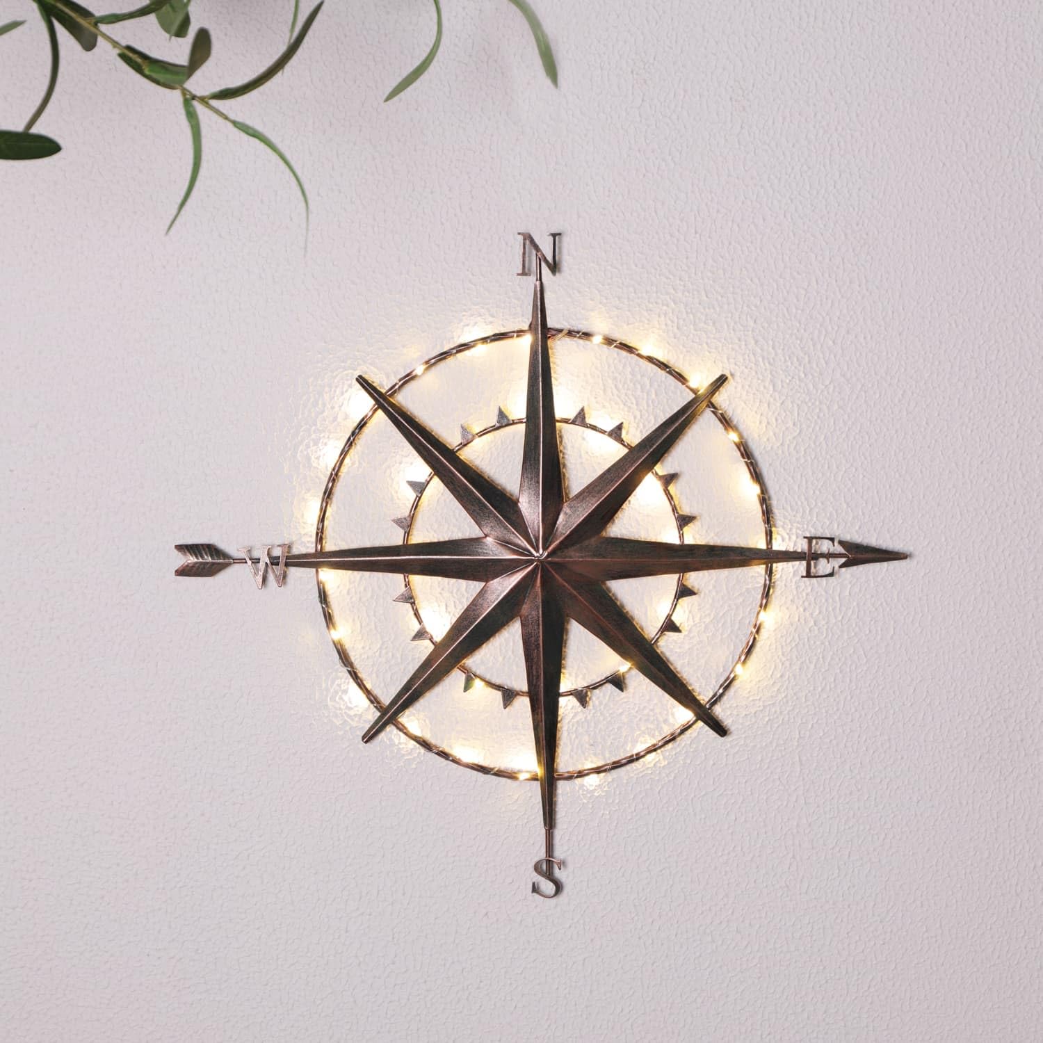 Bloomingtons Direct Solar Powered LED Metal Compass Wall Hanging Plaques, Light Up Round Metal Compass Art Wall Decor for Garden Outdoor Decoration