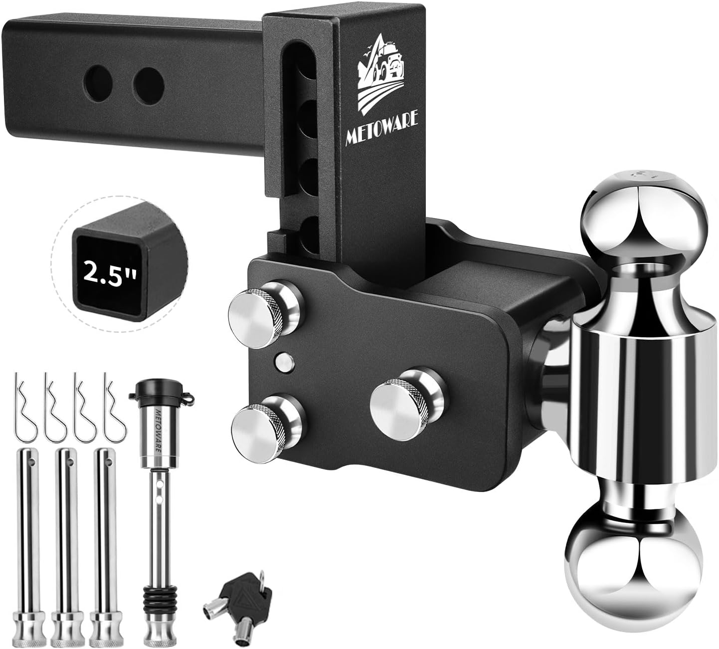 METOWARE Adjustable Trailer Hitch - Drop Hitch - Tow Hitch Fits 2.5 inch Receiver - 4inch Drop/Rise, 2" & 2-5/16" Ball Hitches for Trucks, 18,000 LBS GTW, Trailer Hitches with Anti - Theft Pin