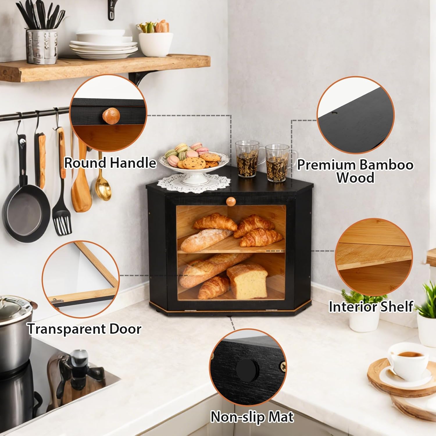 Bamboo Corner Bread Box for Kitchen Countertop - Double Layer Bread Storage with Clear Window, Black Wooden Bread Keeper Organizer for Homemade Bread, Under Cabinet Mount, Fits Countertop & Pantry