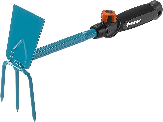GARDENA combisystem Hand Hoe: Three-toothed double hoe for loosening/aerating soil and weeding, 6.5 cm working width, ergonomic handle, corrosion protection (8915-20)